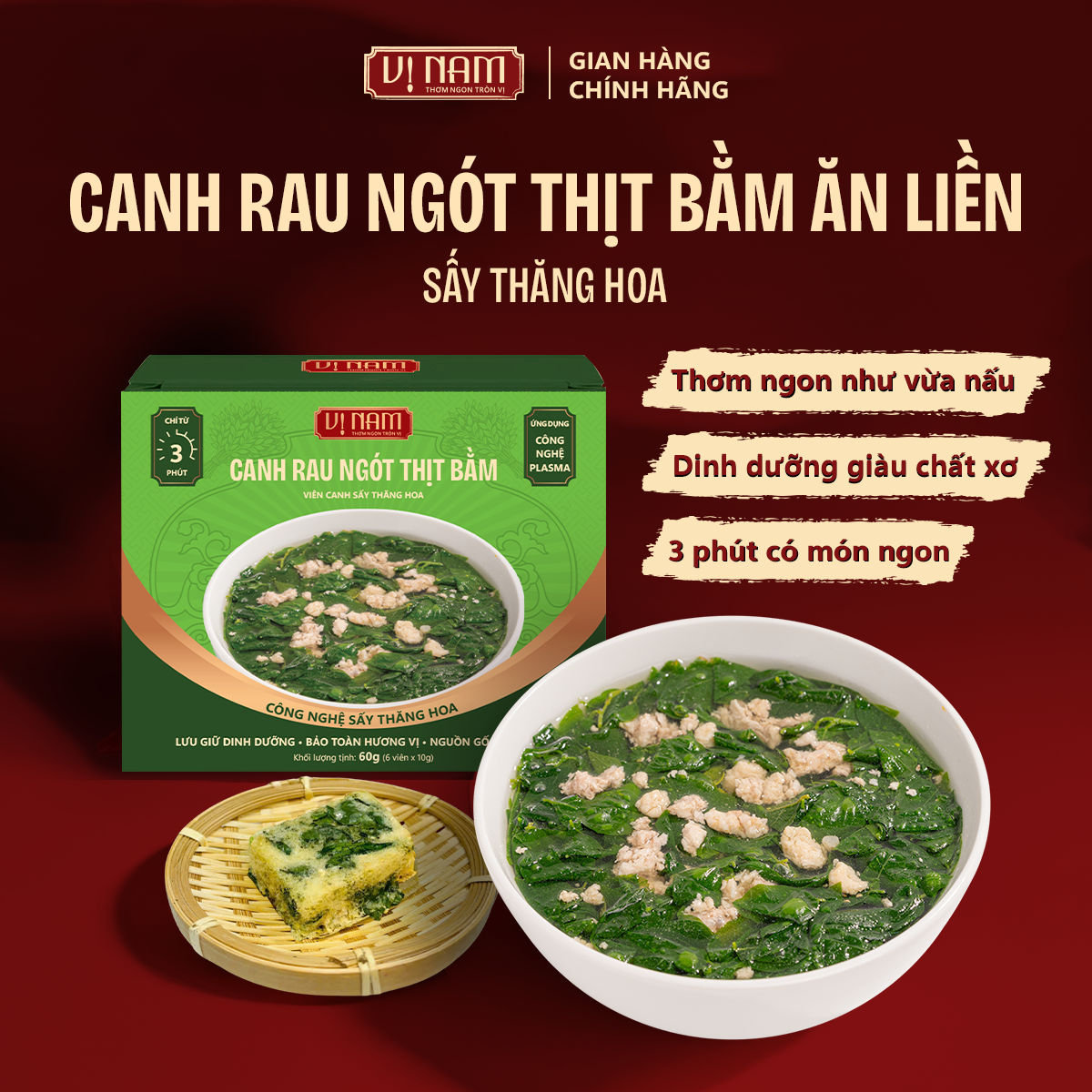 Canh rau ngót thịt bằm sấy thăng hoa ăn liền